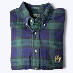 Vtg Polo Ralph Lauren Plaid Button‎ Down Shirt Boys XL Blue Green Crest Preppy